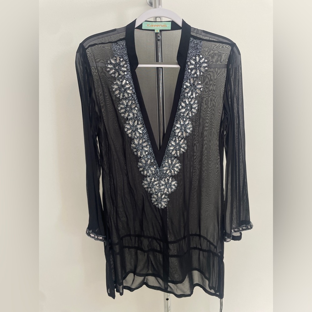 Black Sheer 100% Silk Embellished Tunic